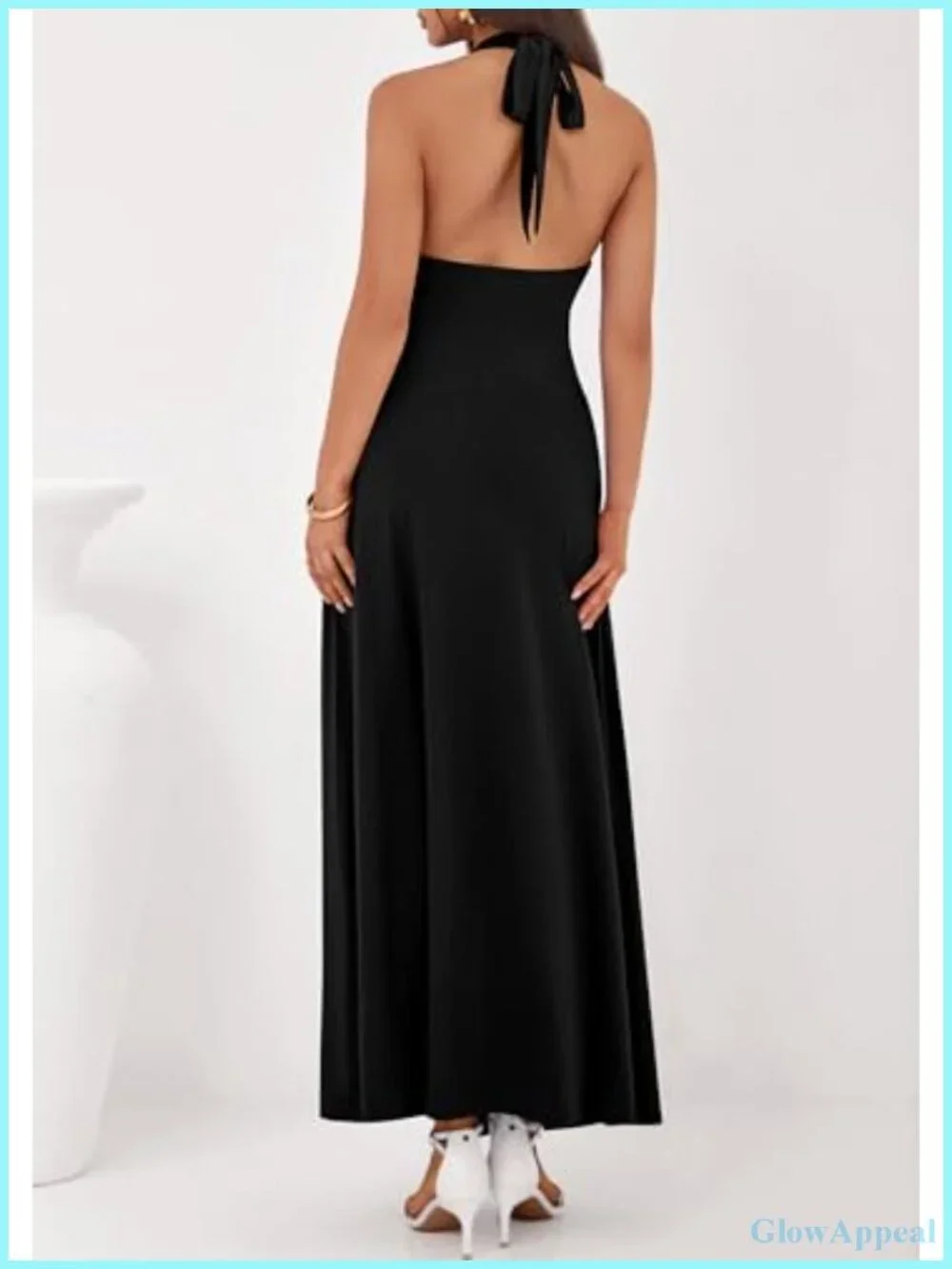 Elegant Halter V-Neck Tie Backless Midi Dress for Wedding Guest Cocktail Party